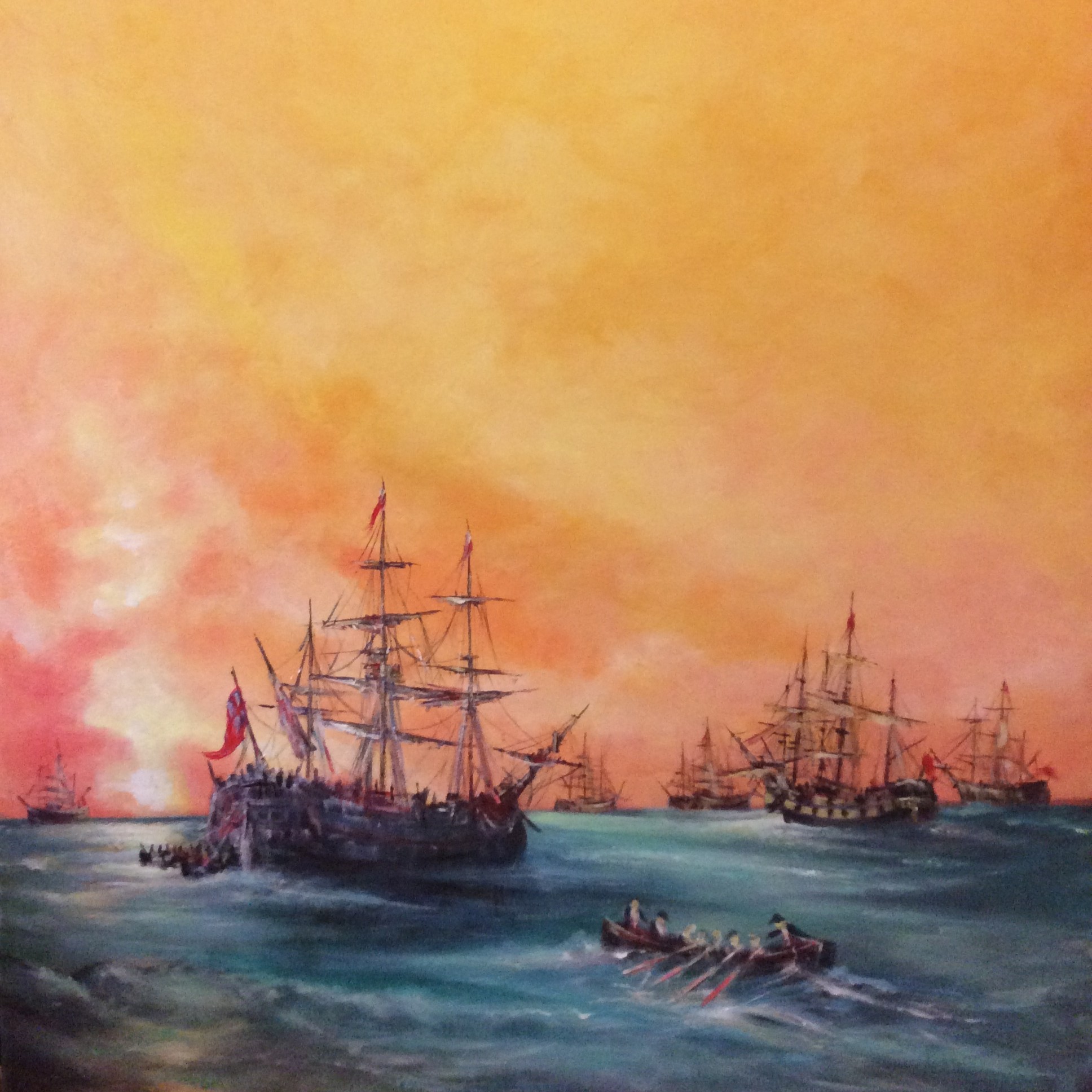 Naval ships preparing to set sail at sunrise