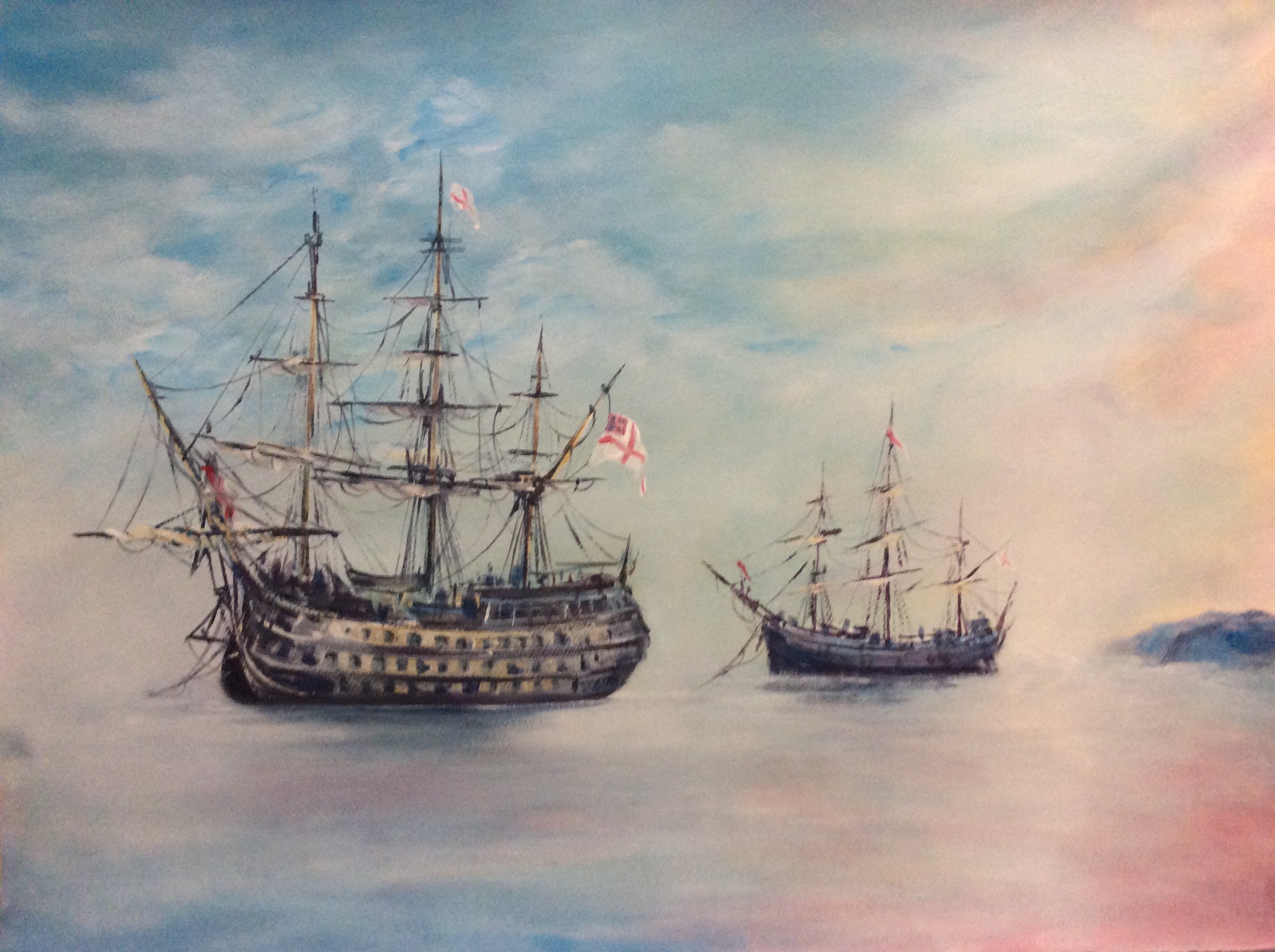 A large british frigate boat, accompanied by another in the far distance