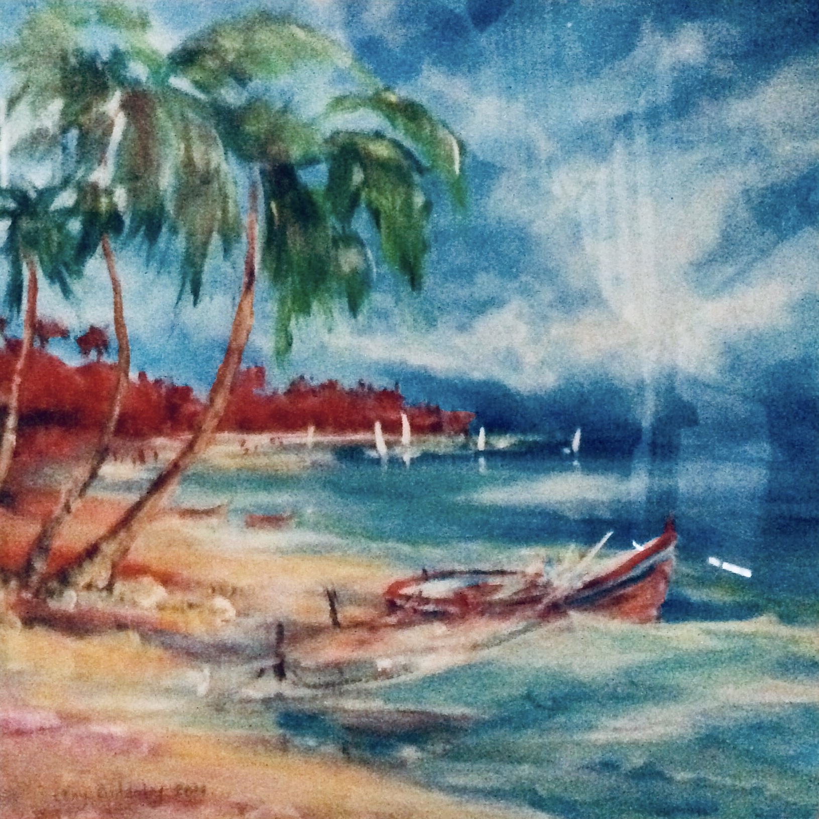 A boat moored on a carribean beach