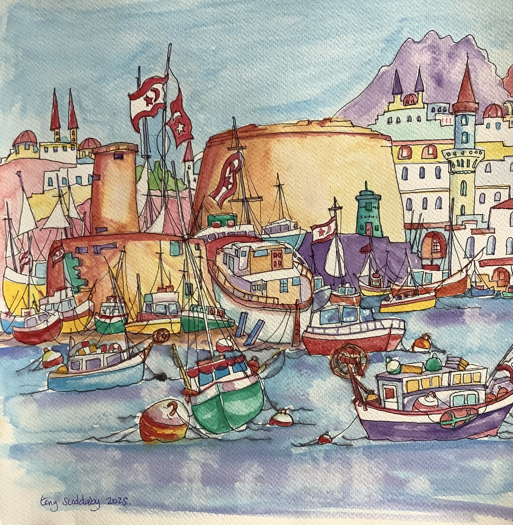 A cartoon harbour in Cyprus, with Kyrenia castle in the background