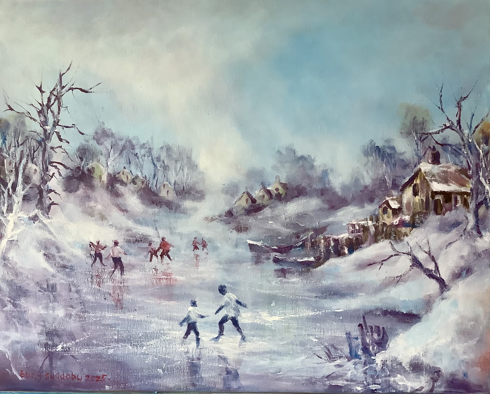 People skating on a frosted over lake
