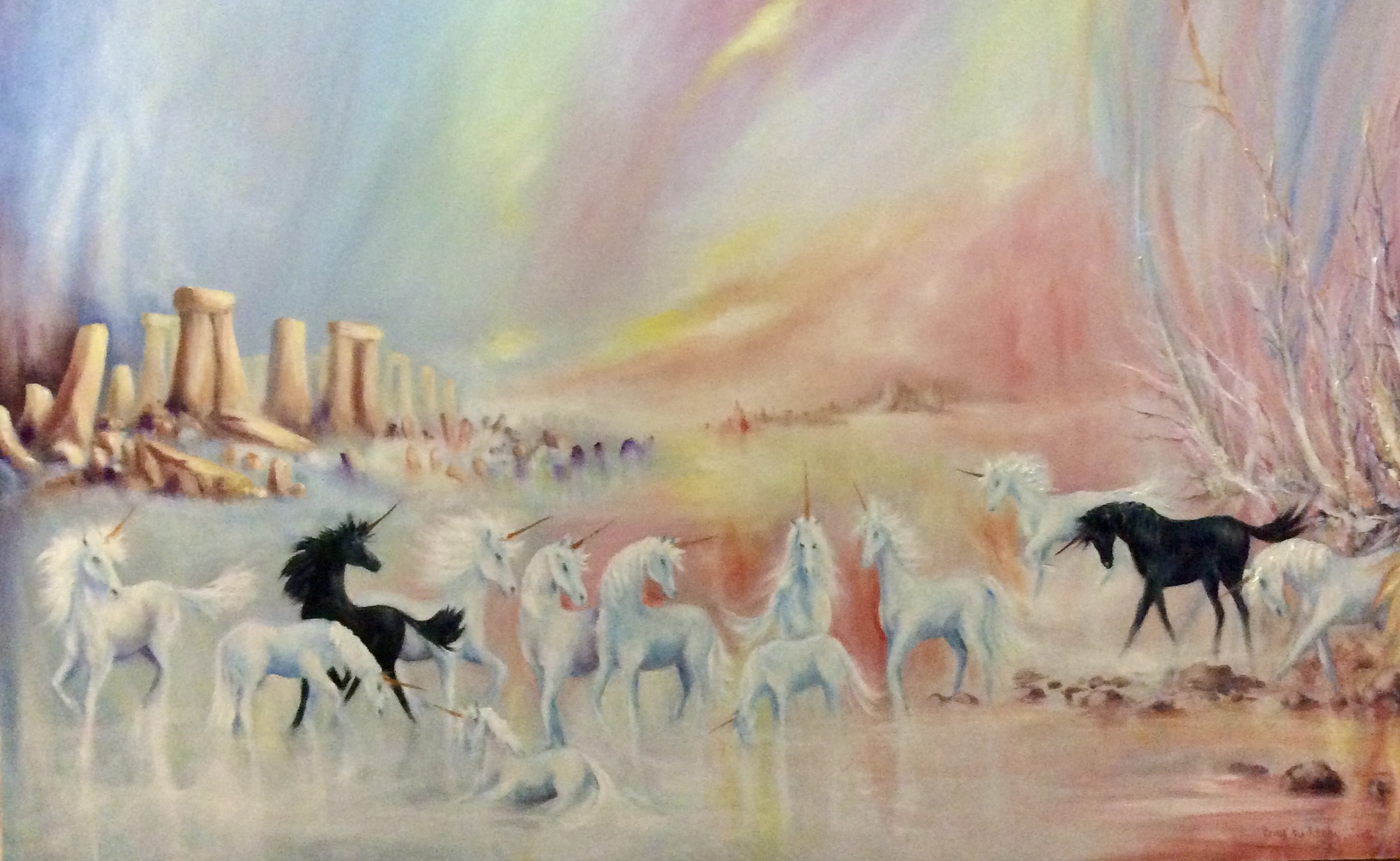 A herd of a mixture of black and white unicorns
