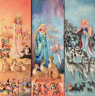 A set of 3 queens, including respectively, Cleopatra, queen guinevere and boudicca