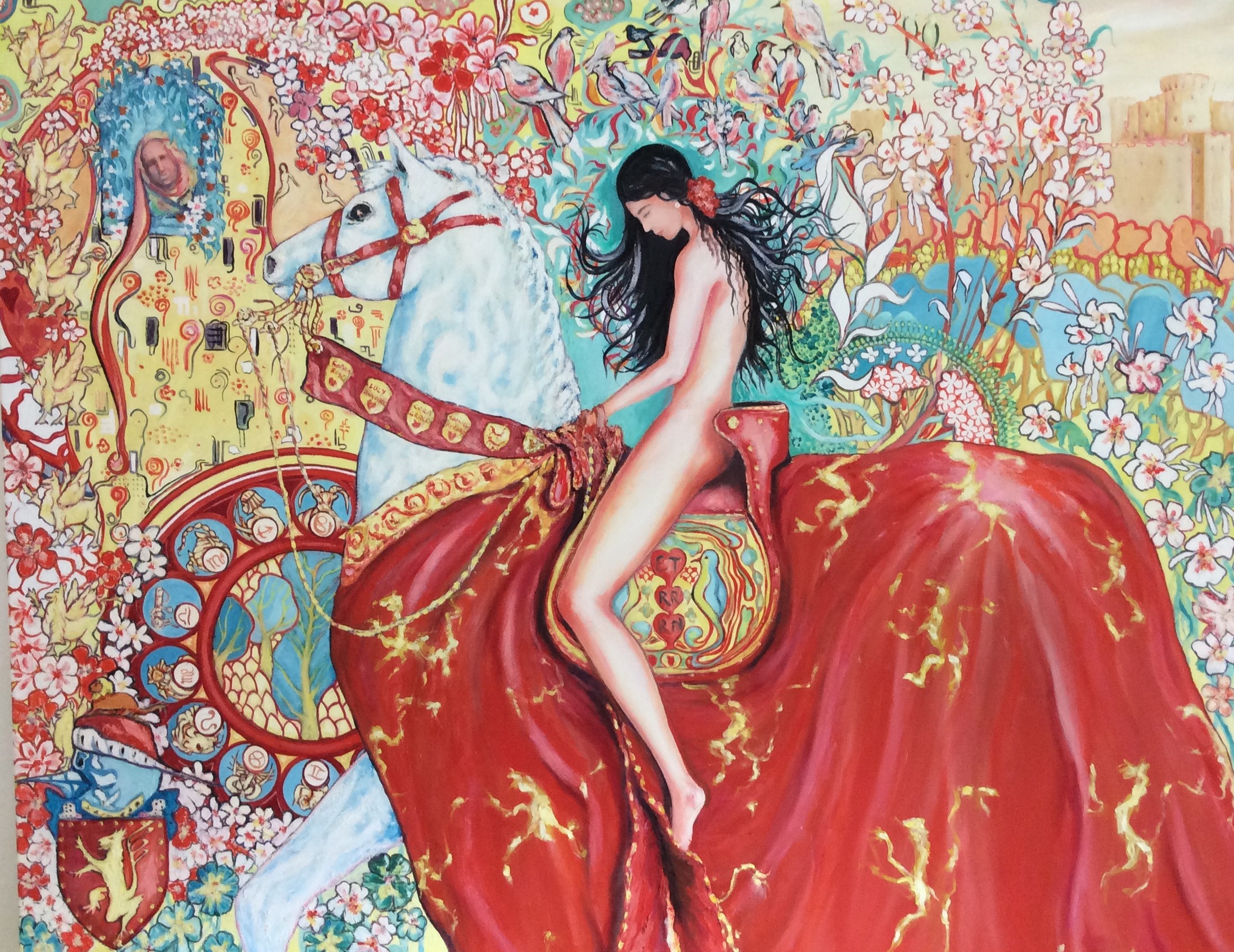 A lady on a horse, with a colourful scene